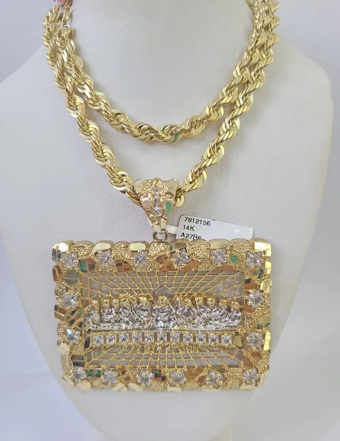 Gold and Diamond Necklaces Real 14k Solid Rope Chain Last Supper Charm Set 6mm 1830 Necklace Gold