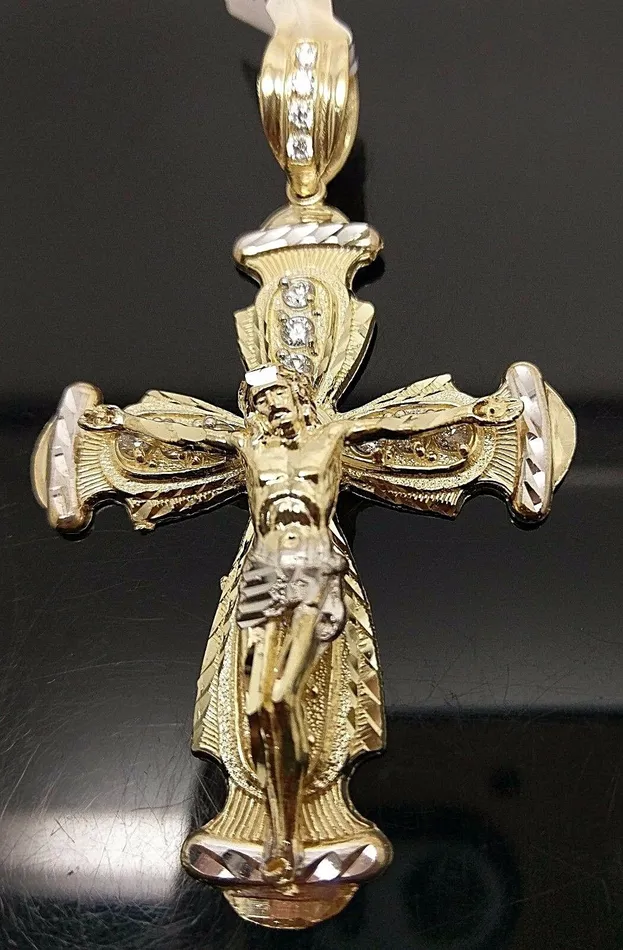 Gold and Diamond PreStyled Sets Real 10k Gold Jesus Crucifix Cross Charm Pendant Diamond Cut 10kt Yellow Gold