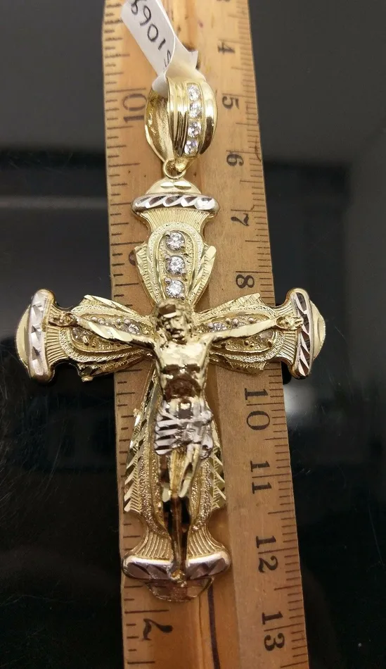 Gold and Diamond PreStyled Sets Real 10k Gold Jesus Crucifix Cross Charm Pendant Diamond Cut 10kt Yellow Gold