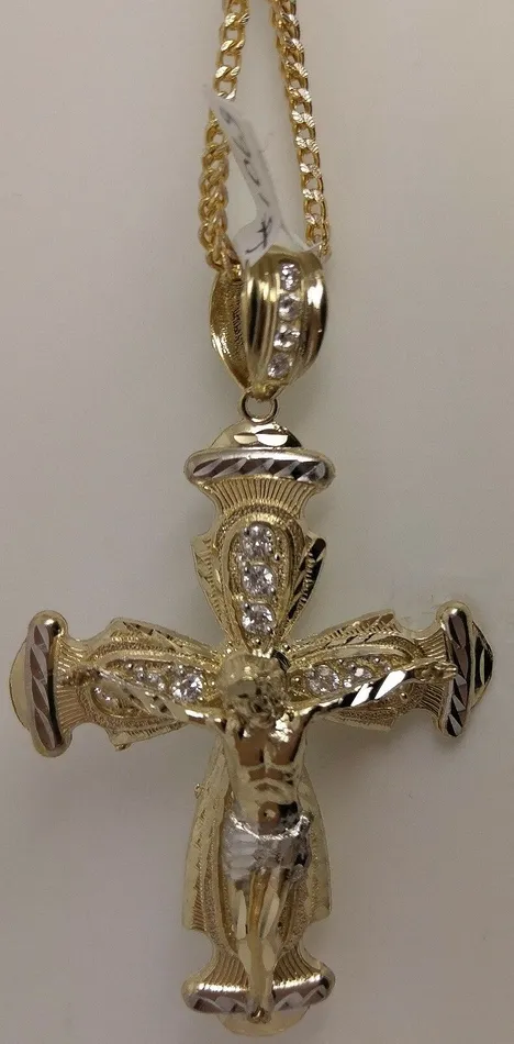 Gold and Diamond PreStyled Sets Real 10k Gold Jesus Crucifix Cross Charm Pendant Diamond Cut 10kt Yellow Gold