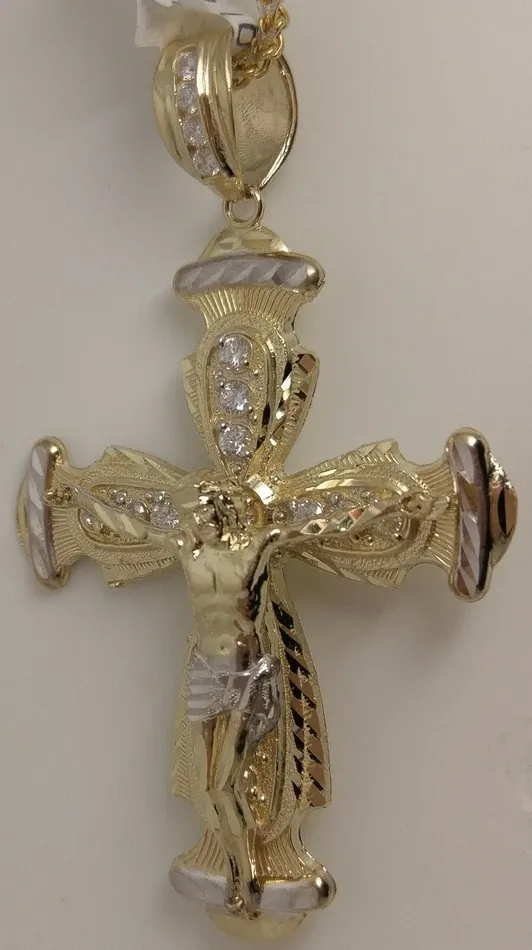 Gold and Diamond PreStyled Sets Real 10k Gold Jesus Crucifix Cross Charm Pendant Diamond Cut 10kt Yellow Gold