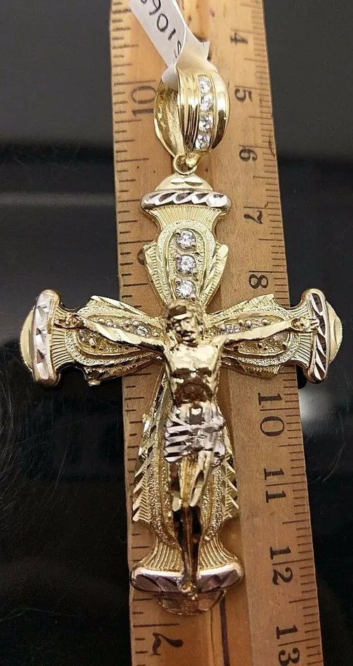 Gold and Diamond PreStyled Sets Real 10k Gold Jesus Crucifix Cross Charm Pendant Diamond Cut 10kt Yellow Gold