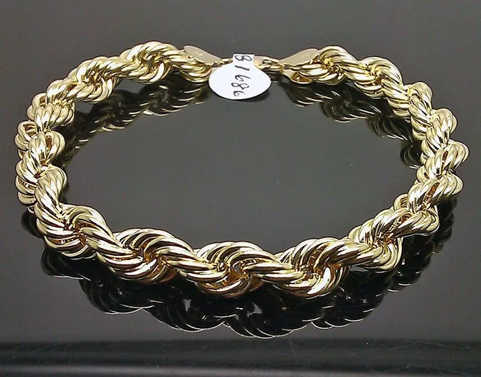 Gold and Diamond Real 10k Yellow Gold Rope Bracelet 8 mm 8 Inch Lobster Men Bracelets