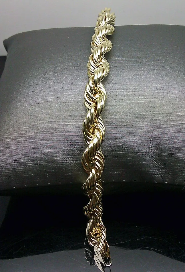 Gold and Diamond Real 10k Yellow Gold Rope Bracelet 8 mm 8 Inch Lobster Men Bracelets