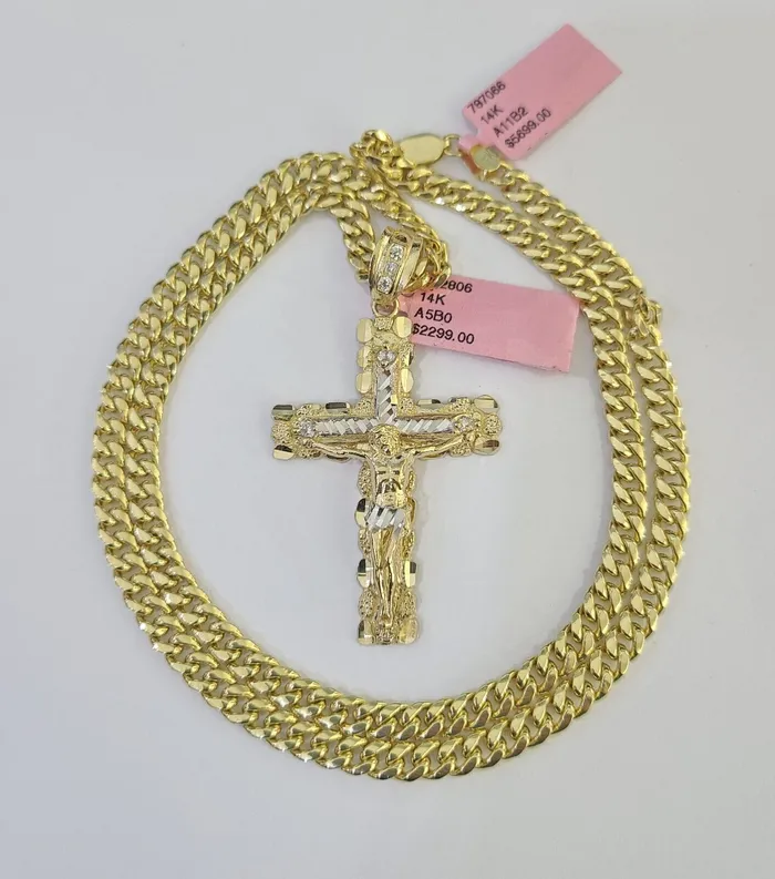 Gold and Diamond Real 14k Chain Cross Charm Set Miami Cuban Link 5mm 1830 Necklace Pendant Necklaces Gold and Diamond Real 14k Chain Cross Charm Set Miami Cuban Link 5mm 1830 Necklace Pendant Necklaces