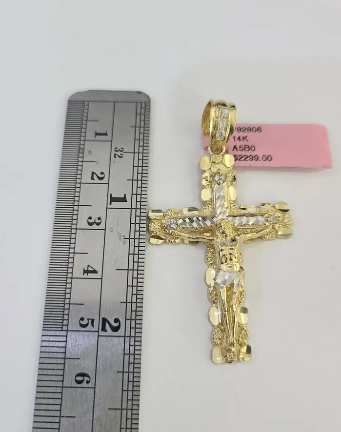 Gold and Diamond Real 14k Chain Cross Charm Set Miami Cuban Link 5mm 1830 Necklace Pendant Necklaces