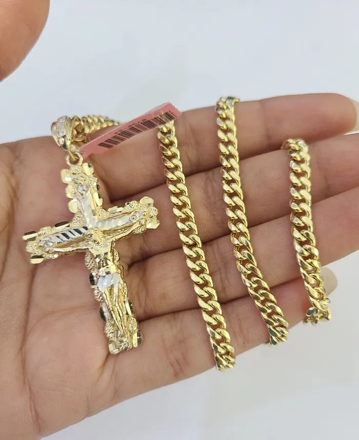 Gold and Diamond Real 14k Chain Cross Charm Set Miami Cuban Link 5mm 1830 Necklace Pendant Necklaces