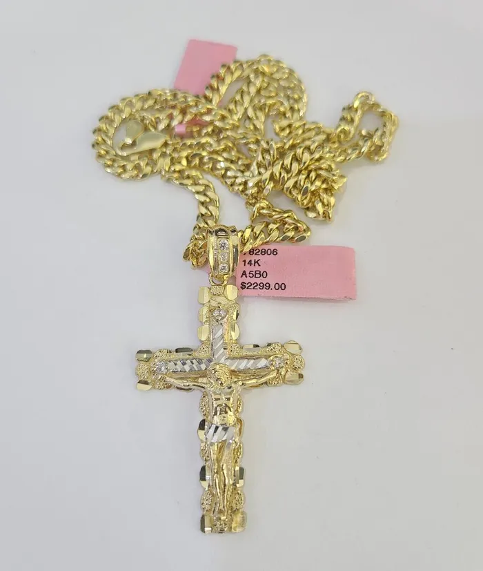 Gold and Diamond Real 14k Chain Cross Charm Set Miami Cuban Link 5mm 1830 Necklace Pendant Necklaces