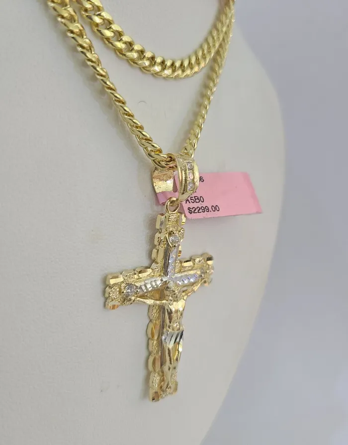 Gold and Diamond Real 14k Chain Cross Charm Set Miami Cuban Link 5mm 1830 Necklace Pendant Necklaces
