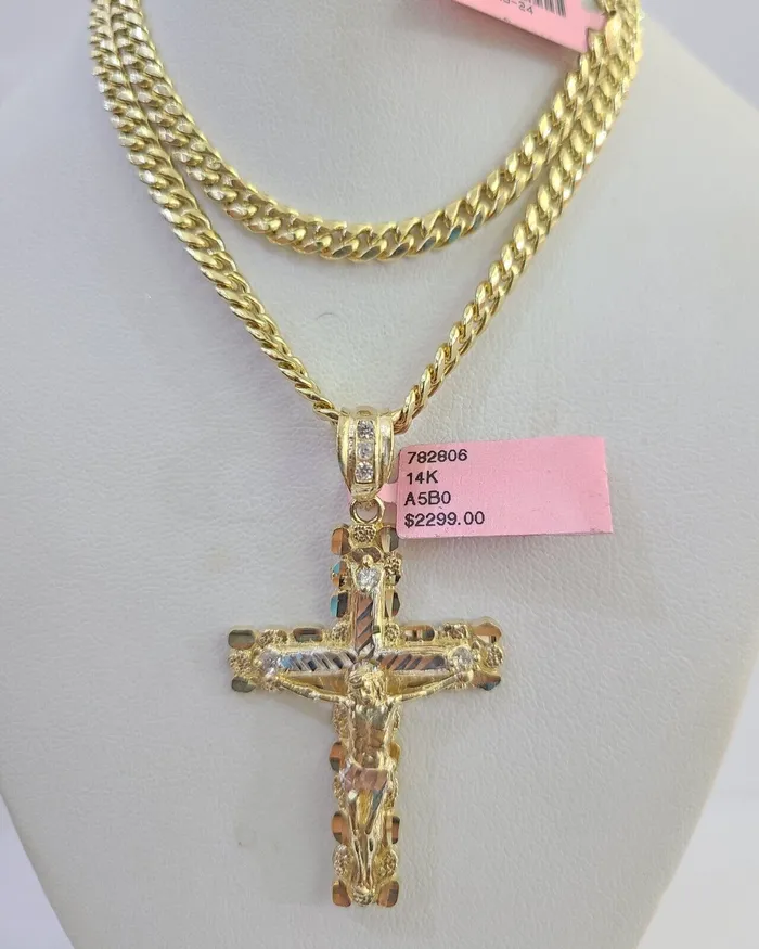 Gold and Diamond Real 14k Chain Cross Charm Set Miami Cuban Link 5mm 1830 Necklace Pendant Necklaces