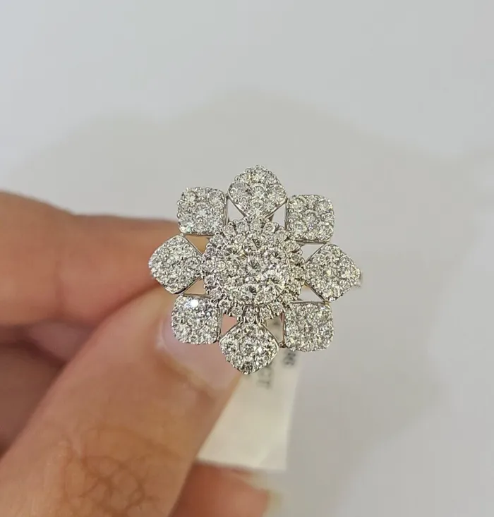 Gold and Diamond Real 14k Diamond Flower Ladies Ring Yellow Gold Women Engagement Wedding Rings