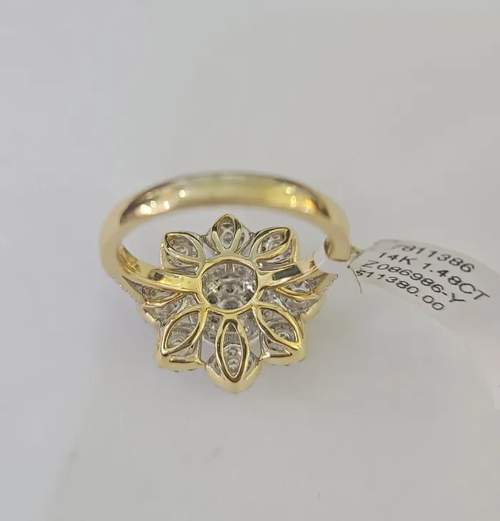 Gold and Diamond Real 14k Diamond Flower Ladies Ring Yellow Gold Women Engagement Wedding Rings