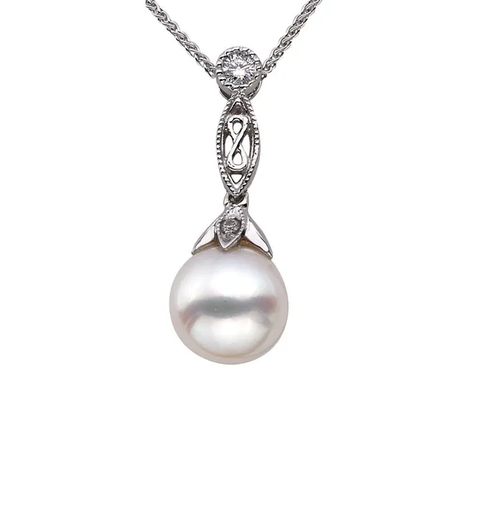 Independent Jewellers Necklaces 14kt White Gold Pearl and Diamond Infinity Pendant Independent Jewellers Necklaces 14kt White Gold Pearl and Diamond Infinity Pendant