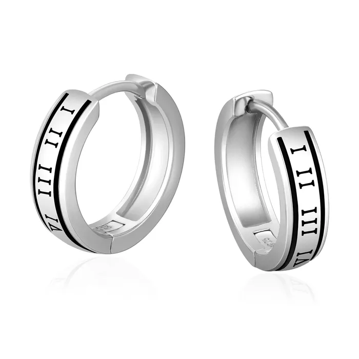 KRKC Earrings S925 Silver Black Roman Numerals Hoop Earrings in White Gold 15mm KRKC Earrings S925 Silver Black Roman Numerals Hoop Earrings in White Gold 15mm
