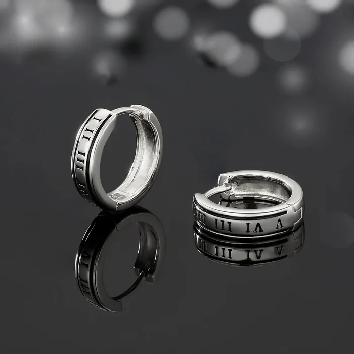 KRKC Earrings S925 Silver Black Roman Numerals Hoop Earrings in White Gold 15mm
