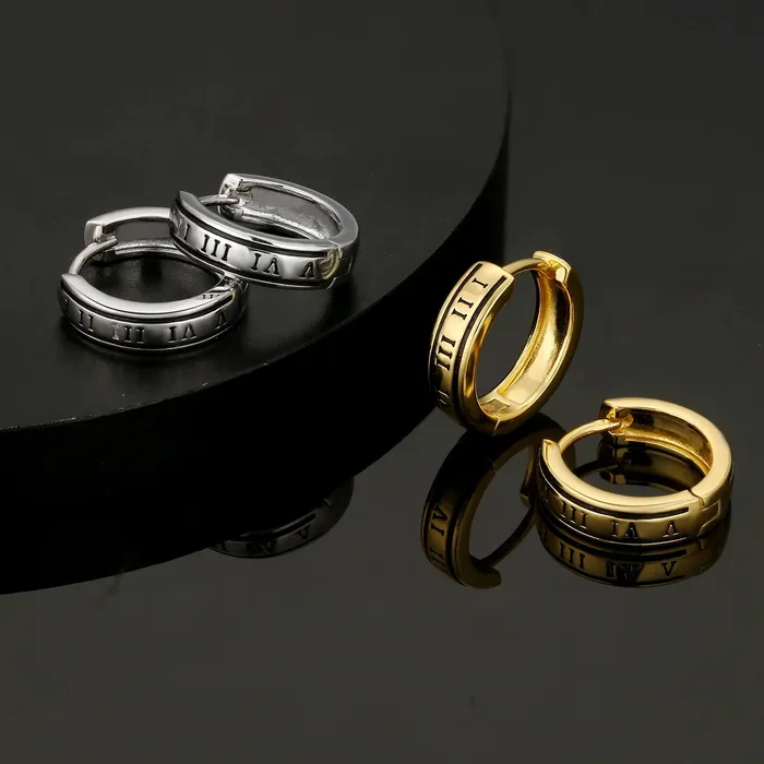 KRKC Earrings S925 Silver Black Roman Numerals Hoop Earrings in White Gold 15mm