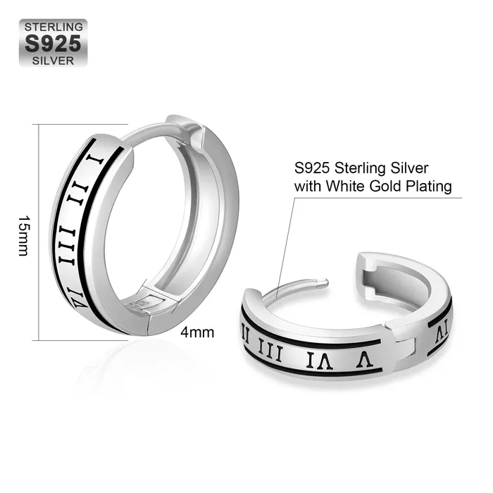 KRKC Earrings S925 Silver Black Roman Numerals Hoop Earrings in White Gold 15mm