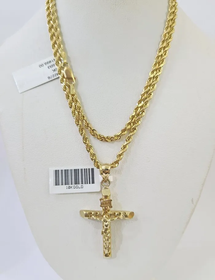 Necklaces 10k Gold INRI Jesus Pendant Rope Chain 3mm 20 Necklace Set Real Genuine Gold and Diamond Necklaces 10k Gold INRI Jesus Pendant Rope Chain 3mm 20 Necklace Set Real Genuine Gold and Diamond
