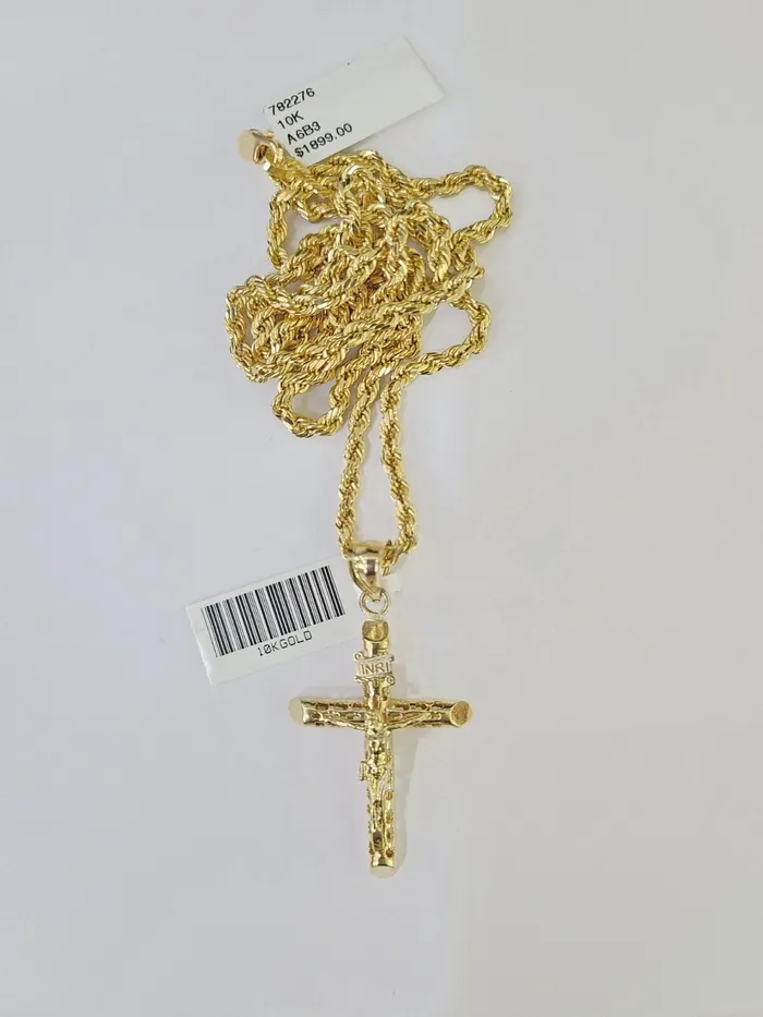 Necklaces 10k Gold INRI Jesus Pendant Rope Chain 3mm 20 Necklace Set Real Genuine Gold and Diamond