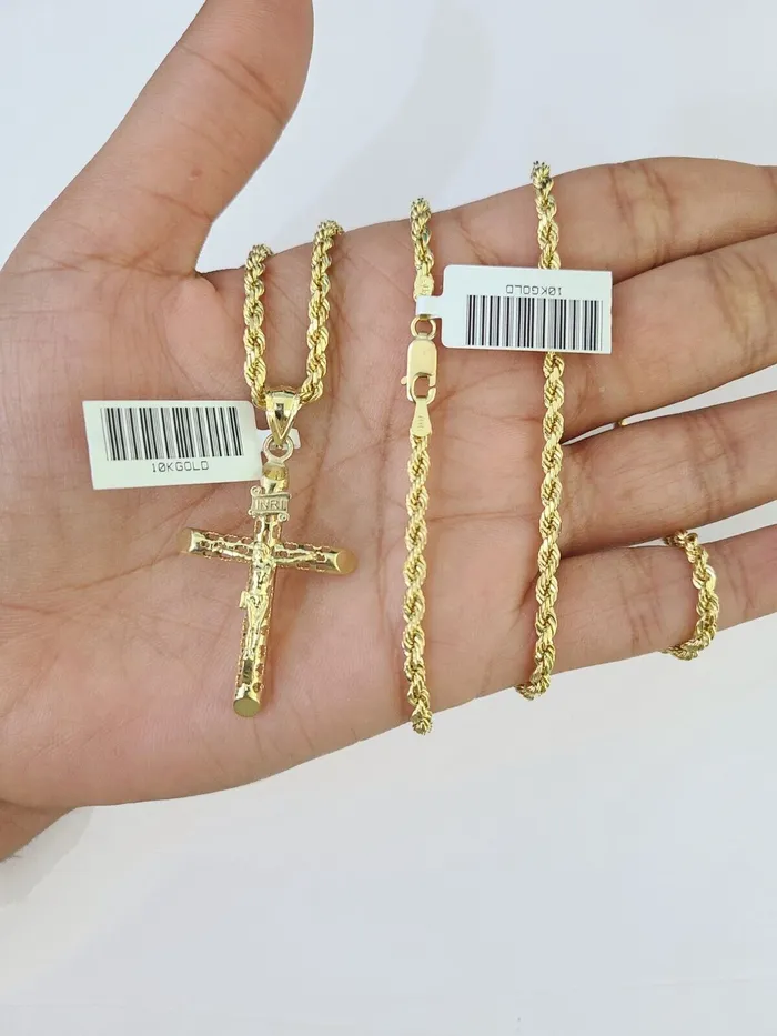 Necklaces 10k Gold INRI Jesus Pendant Rope Chain 3mm 20 Necklace Set Real Genuine Gold and Diamond