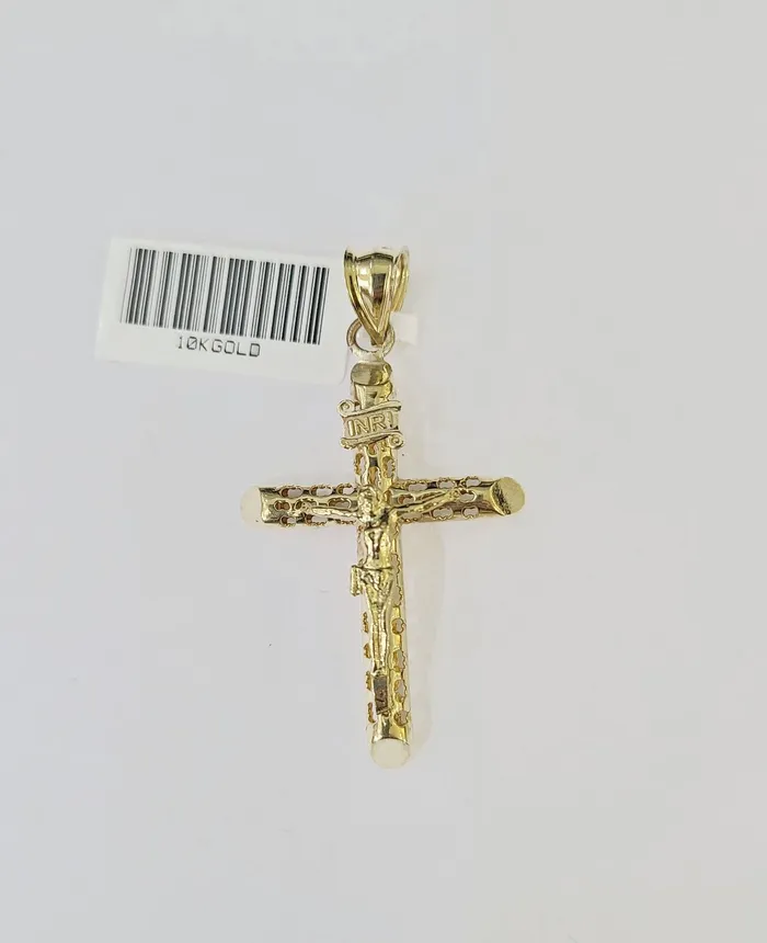 Necklaces 10k Gold INRI Jesus Pendant Rope Chain 3mm 20 Necklace Set Real Genuine Gold and Diamond