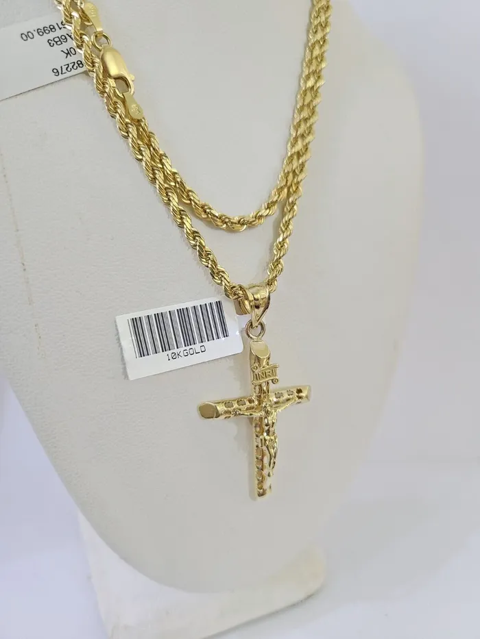 Necklaces 10k Gold INRI Jesus Pendant Rope Chain 3mm 20 Necklace Set Real Genuine Gold and Diamond
