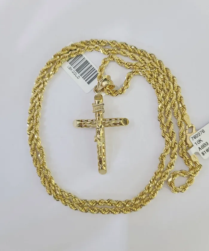 Necklaces 10k Gold INRI Jesus Pendant Rope Chain 3mm 20 Necklace Set Real Genuine Gold and Diamond
