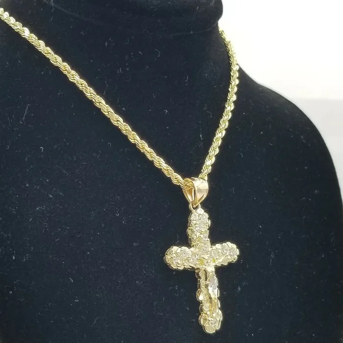 Necklaces 10k Yellow Gold Crucifix Cross Charm Jesus Pendant Rope Chain 18 20 22 24 26 Gold and Diamond