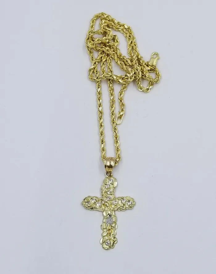 Necklaces 10k Yellow Gold Crucifix Cross Charm Jesus Pendant Rope Chain 18 20 22 24 26 Gold and Diamond