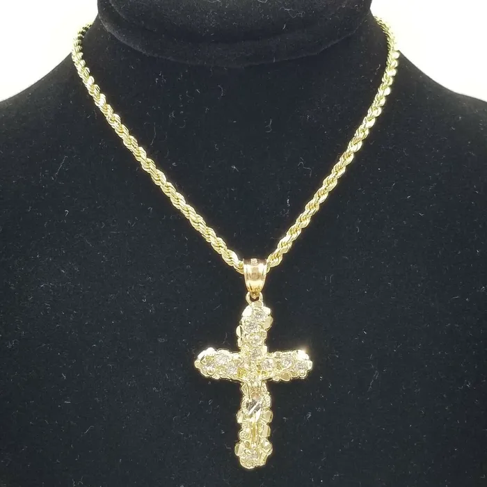 Necklaces 10k Yellow Gold Crucifix Cross Charm Jesus Pendant Rope Chain 18 20 22 24 26 Gold and Diamond