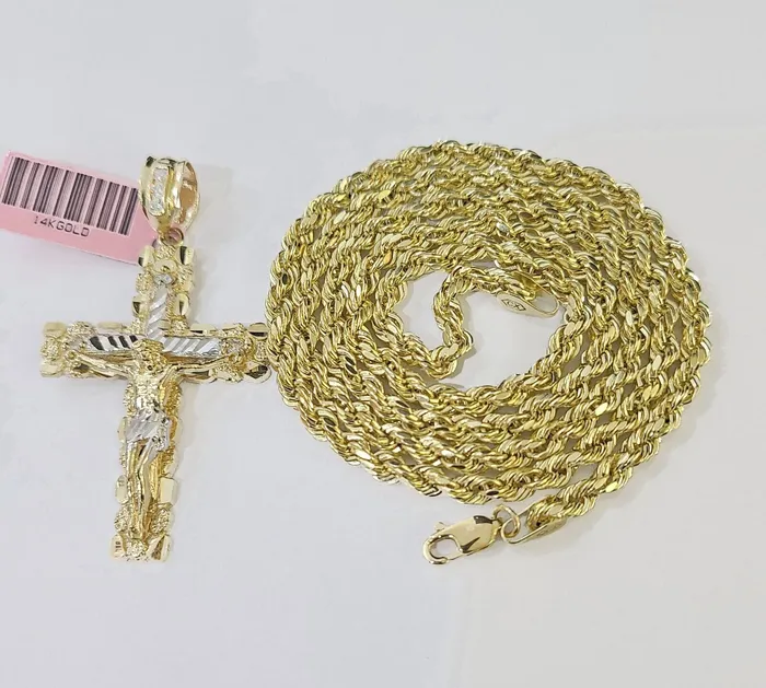 Necklaces 14k Yellow Gold Rope Chain Jesus Nugget Cross Charm SET 3mm 24 Inches Necklace Globalwatches10 Necklaces 14k Yellow Gold Rope Chain Jesus Nugget Cross Charm SET 3mm 24 Inches Necklace Globalwatches10
