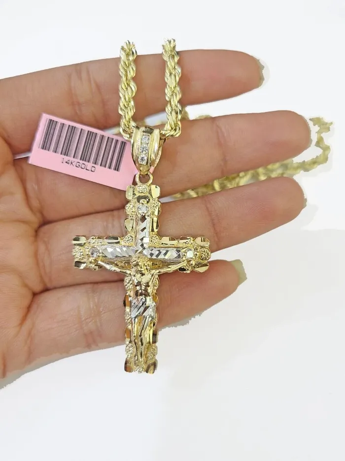 Necklaces 14k Yellow Gold Rope Chain Jesus Nugget Cross Charm SET 3mm 24 Inches Necklace Globalwatches10