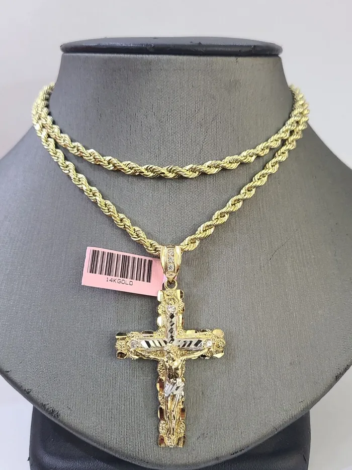 Necklaces 14k Yellow Gold Rope Chain Jesus Nugget Cross Charm SET 3mm 24 Inches Necklace Globalwatches10