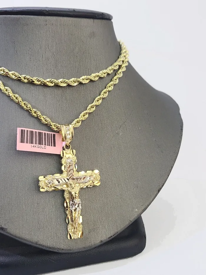 Necklaces 14k Yellow Gold Rope Chain Jesus Nugget Cross Charm SET 3mm 24 Inches Necklace Globalwatches10
