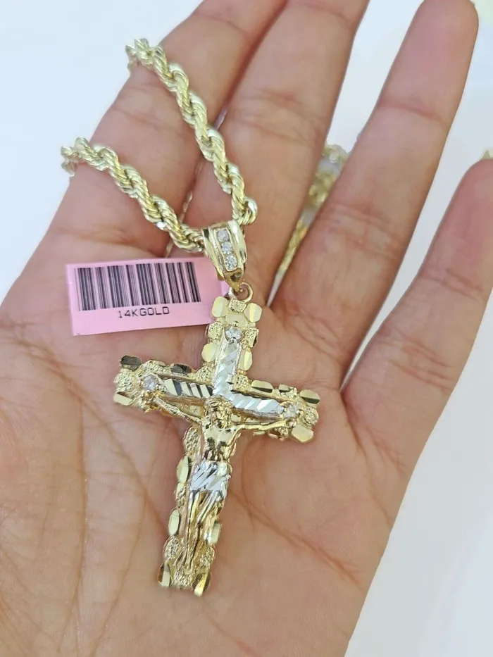 Necklaces 14k Yellow Gold Rope Chain Jesus Nugget Cross Charm SET 3mm 24 Inches Necklace Globalwatches10