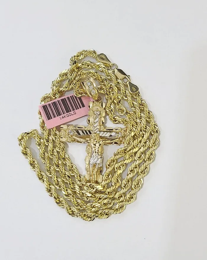 Necklaces 14k Yellow Gold Rope Chain Jesus Nugget Cross Charm SET 3mm 24 Inches Necklace Globalwatches10