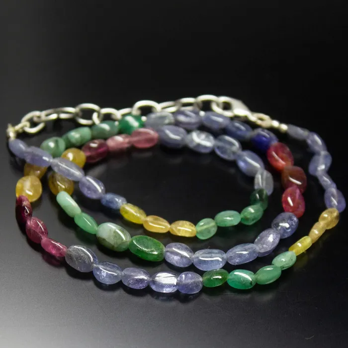 Necklaces Beads Supplies USA Ready to wear 19 inch 575mm Ruby Emerald Sapphire Smooth Oval Beaded Necklace Sapphire Beads