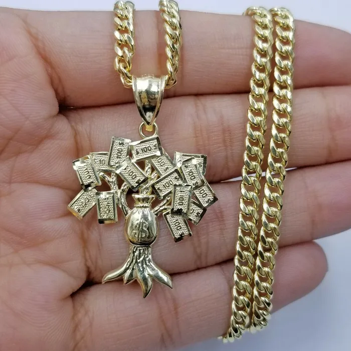 Necklaces Gold and Diamond 10K 100 Tree Charm Gold Pendant Miami Cuban Chain in18 20 22 24 26 28 Inch Real