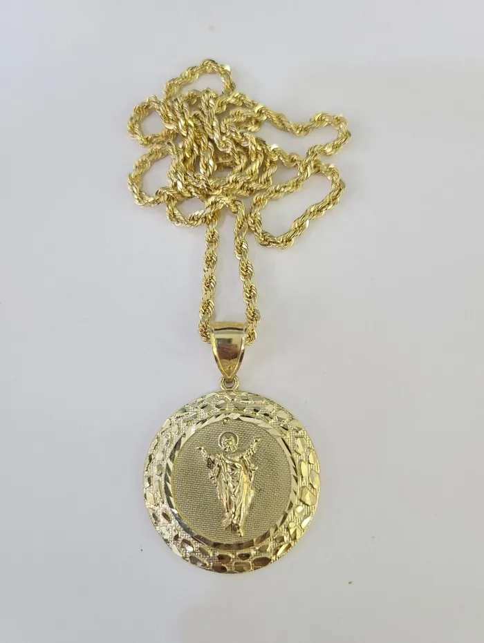 Necklaces Gold and Diamond 10k 3mm Rope Chain Nugget Medallion Guadalupe Pendant 1830 Set Charm Necklace Necklaces Gold and Diamond 10k 3mm Rope Chain Nugget Medallion Guadalupe Pendant 1830 Set Charm Necklace