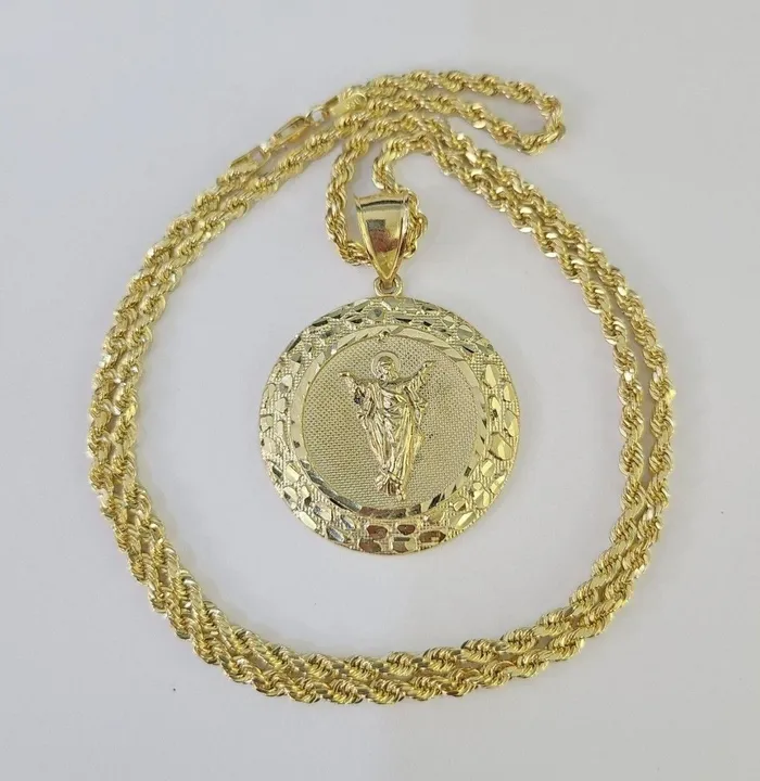 Necklaces Gold and Diamond 10k 3mm Rope Chain Nugget Medallion Guadalupe Pendant 1830 Set Charm Necklace