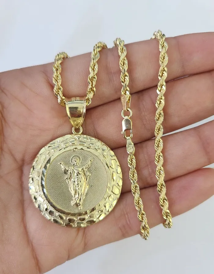 Necklaces Gold and Diamond 10k 3mm Rope Chain Nugget Medallion Guadalupe Pendant 1830 Set Charm Necklace