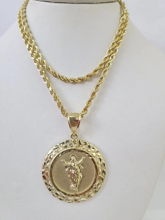 Necklaces Gold and Diamond 10k 3mm Rope Chain Nugget Medallion Guadalupe Pendant 1830 Set Charm Necklace
