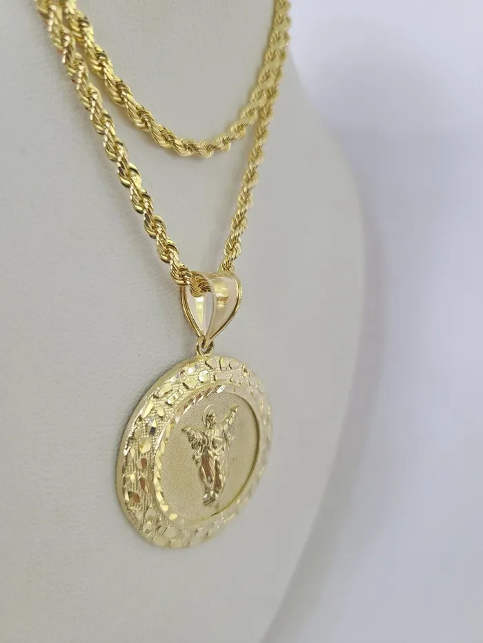 Necklaces Gold and Diamond 10k 3mm Rope Chain Nugget Medallion Guadalupe Pendant 1830 Set Charm Necklace