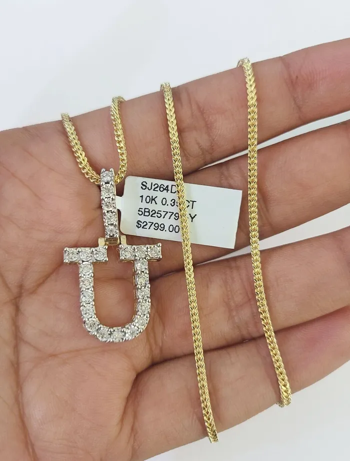 Necklaces Gold and Diamond 10K Franco Chain Diamond U Pendant Initial Charm Letter Necklace 1824 15mm Necklaces Gold and Diamond 10K Franco Chain Diamond U Pendant Initial Charm Letter Necklace 1824 15mm