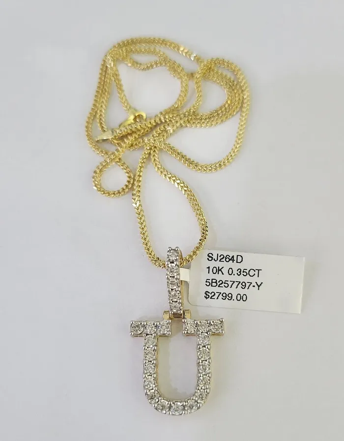 Necklaces Gold and Diamond 10K Franco Chain Diamond U Pendant Initial Charm Letter Necklace 1824 15mm