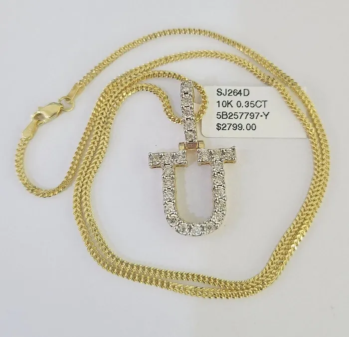 Necklaces Gold and Diamond 10K Franco Chain Diamond U Pendant Initial Charm Letter Necklace 1824 15mm