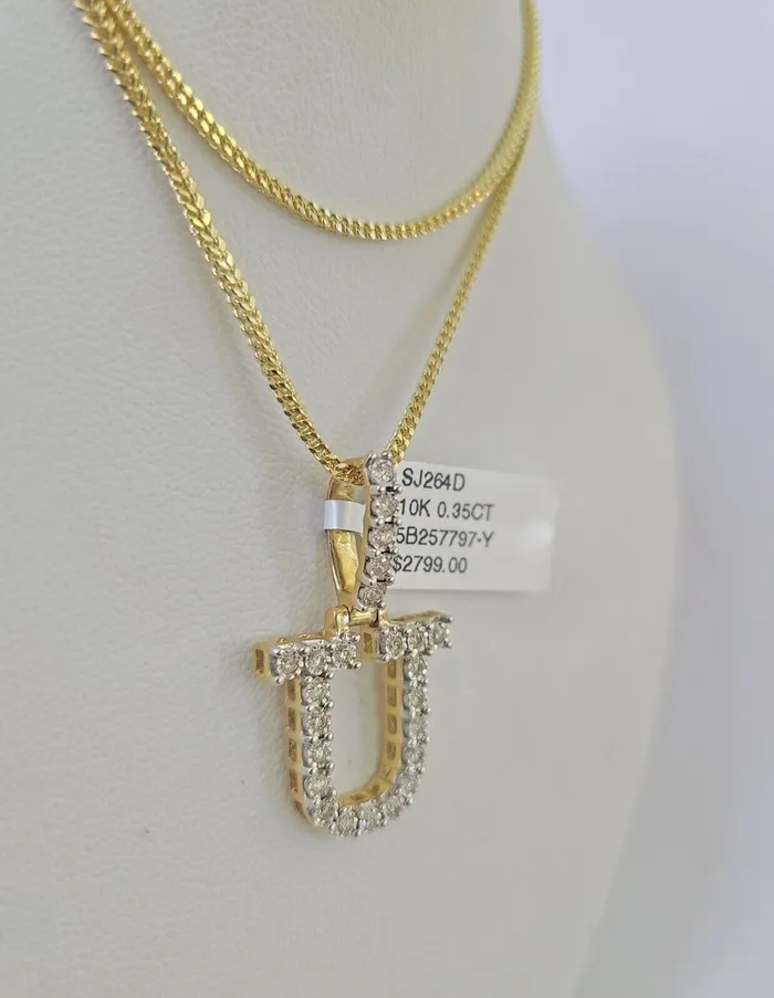Necklaces Gold and Diamond 10K Franco Chain Diamond U Pendant Initial Charm Letter Necklace 1824 15mm