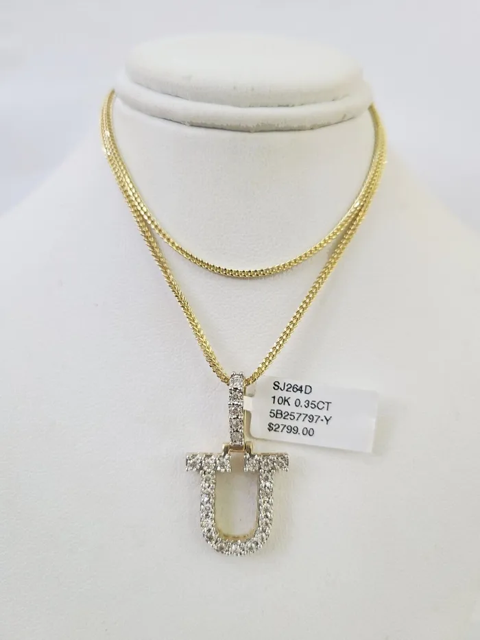 Necklaces Gold and Diamond 10K Franco Chain Diamond U Pendant Initial Charm Letter Necklace 1824 15mm