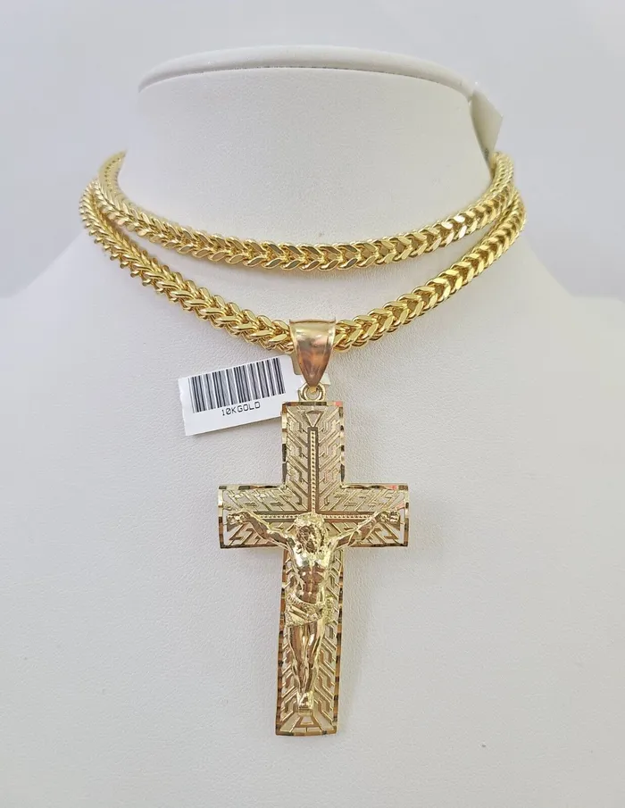 Necklaces Gold and Diamond 10K Franco Chain Jesus Cross Pendant Charm Necklace 2026 5mm Gold SET Yellow