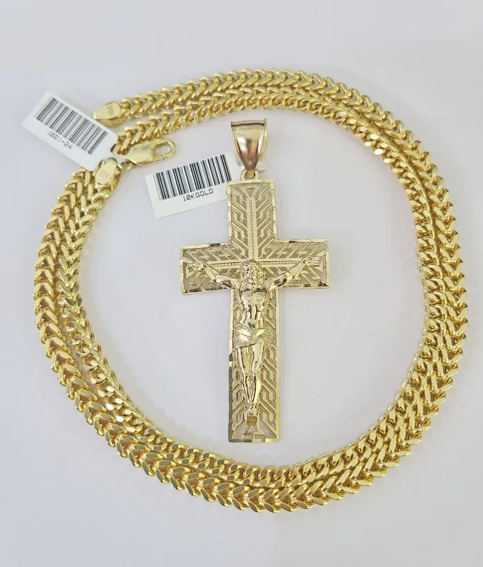 Necklaces Gold and Diamond 10K Franco Chain Jesus Cross Pendant Charm Necklace 2026 5mm Gold SET Yellow